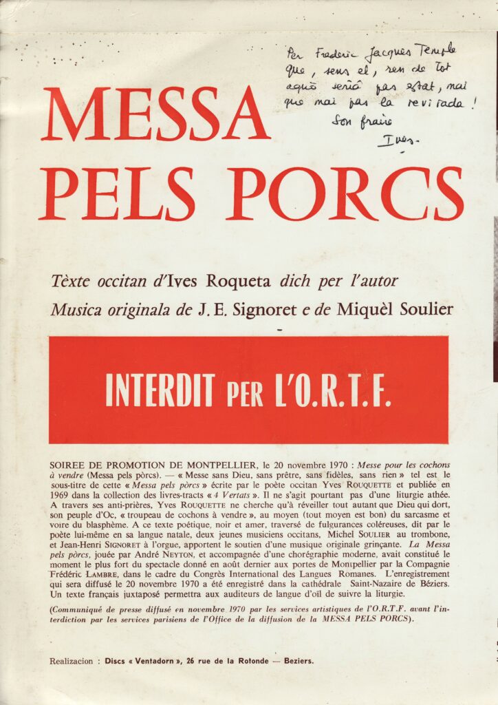 Messa pels porcs - Communiqué dédicacé - 1970