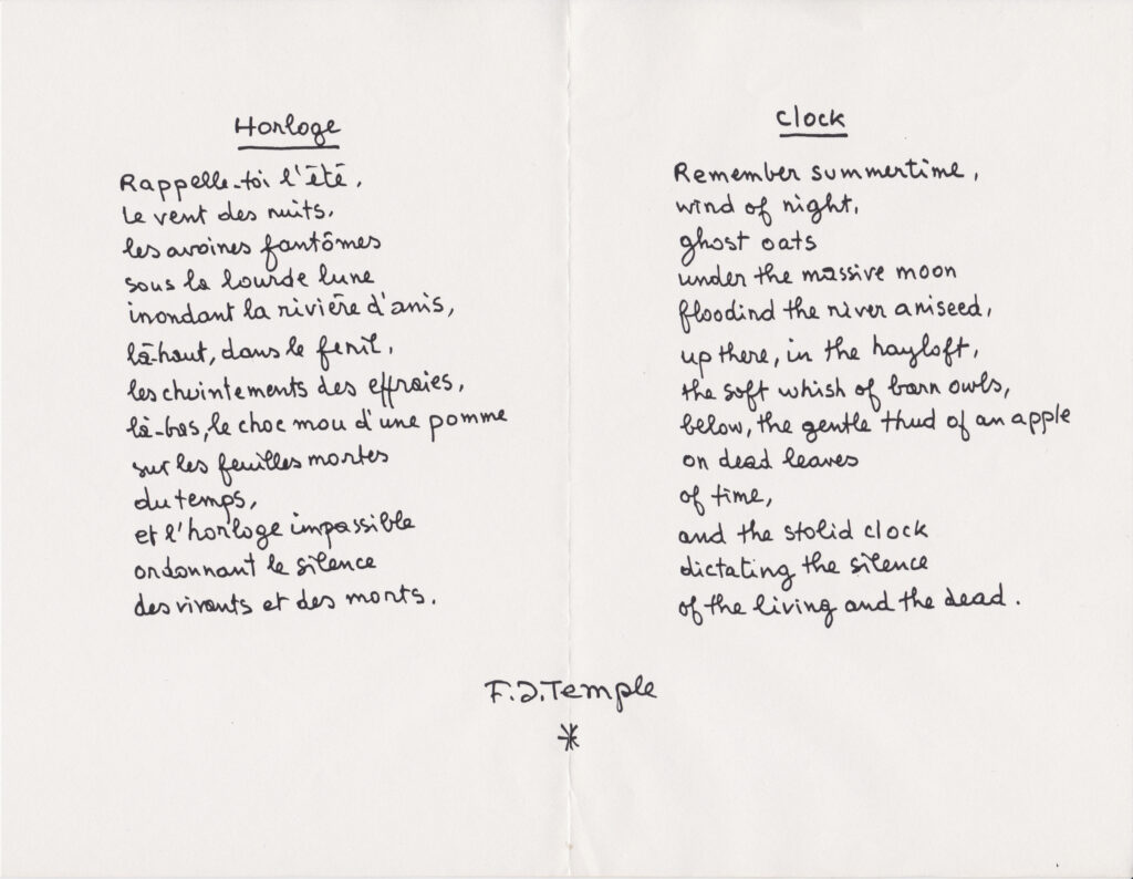 FJ Temple - Version bilingue du poème Horloge manuscrit 1991